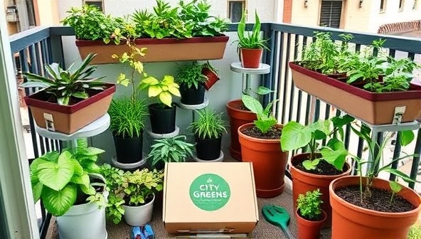 A cozy urban balcony garden setup with a variety of flourishing plants in compact containers and vertical planters, surrounded by gardening tools and a subscription box from CityGreens Box Co., illustrating the convenience and beauty of urban gardening.