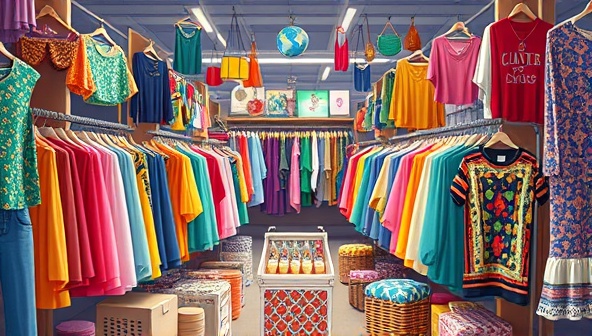 An artistic representation of a digital marketplace filled with colorful and diverse pre-loved clothing items, accessories, and home goods, conveying the essence of sustainable shopping and community-driven thrift culture.
