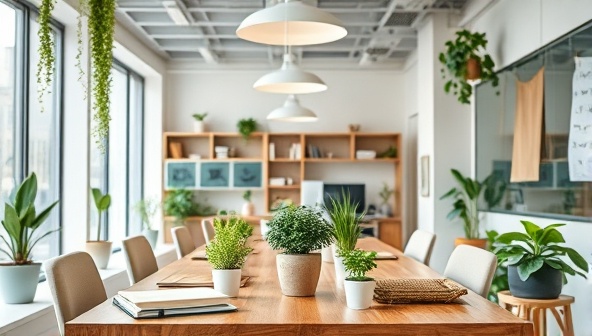 A modern office space with eco-friendly decor, featuring recycled paper products, potted plants, and energy-efficient lighting, symbolizing a sustainable and environmentally conscious consultancy environment.