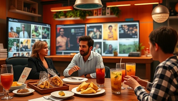 An enticing digital setting showcasing a virtual food tasting event with participants sampling various international snacks and beverages, guided by a knowledgeable host, creating a sensory and educational journey for the taste buds.