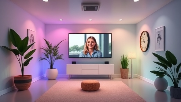 An immersive virtual room with calming colors and wellness symbols, featuring a digital wellness coach interacting with a client through a video call, conveying a sense of support and guidance in a virtual setting.
