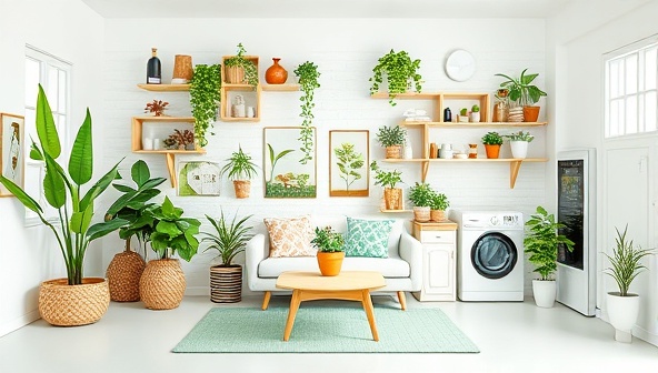 A virtual eco-friendly home setup with sustainable products, indoor plants, and energy-efficient appliances, creating a green living space that embodies the principles and values promoted by GreenLife Academy in its online courses and workshops on sustainable living.