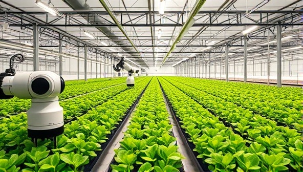 An advanced greenhouse facility equipped with smart automation technology, featuring robotic arms tending to rows of flourishing plants under LED grow lights, illustrating the precision and efficiency of GreenSense Technologies' smart greenhouse systems.