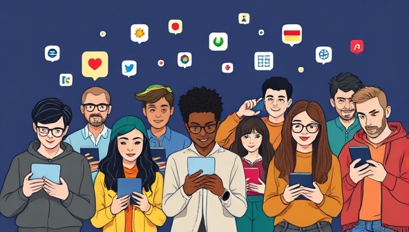A visually appealing graphic showing a diverse group of individuals engaging with an AI-powered language learning platform on various devices, showcasing the platform's adaptability and inclusivity.
