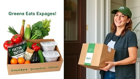 An eco-friendly meal kit package with fresh produce, reusable containers, and plant-based proteins, alongside a delivery person handing the kit to a smiling customer at the doorstep, showcasing the convenience and sustainability of GreenEats Express.
