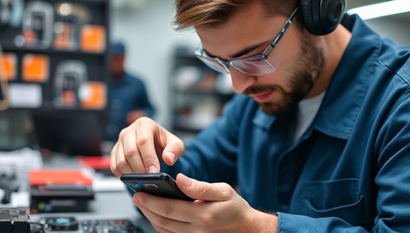 An image of a technician skillfully repairing a smartphone with precision tools in a well-equipped repair shop, highlighting expertise and reliability in telecom device repair services.