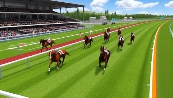 A realistic virtual horse racing track environment showcasing animated horses, jockeys, and spectators, with dynamic weather effects and detailed race statistics, capturing the excitement and authenticity of EquineSim BetRaces' virtual betting simulator.