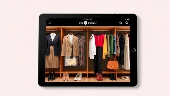 A stylish virtual wardrobe display on a tablet screen showcasing curated outfits, accessories, and color palettes, reflecting a blend of elegance and individuality in fashion styling.