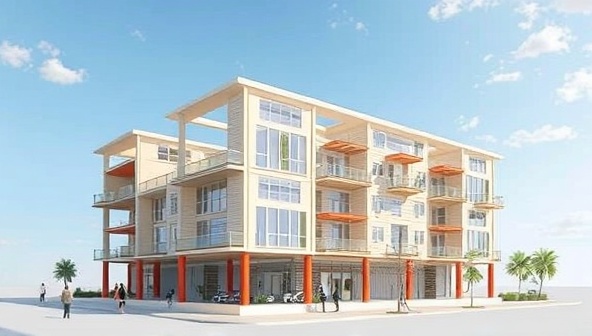 An architectural visualization of a disaster-resilient building design featuring reinforced structures, storm-resistant materials, and sustainable energy systems, illustrating the integration of safety, sustainability, and innovation in disaster-resilient architecture.