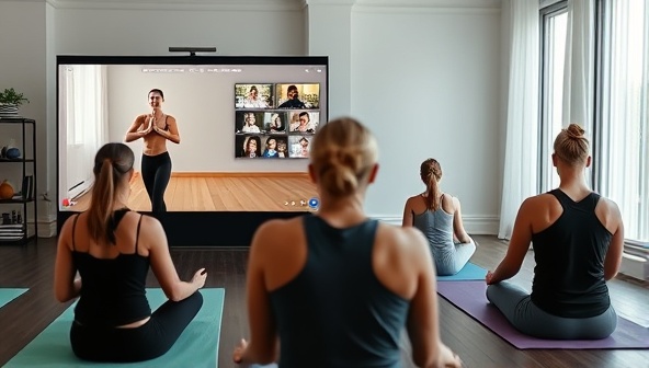 An online yoga teacher training session captured in a split-screen format, showing an instructor demonstrating poses alongside a group of students practicing virtually, with interactive chat features and virtual feedback mechanisms, illustrating the engaging and educational experience offered by YogaElevate's online academy.