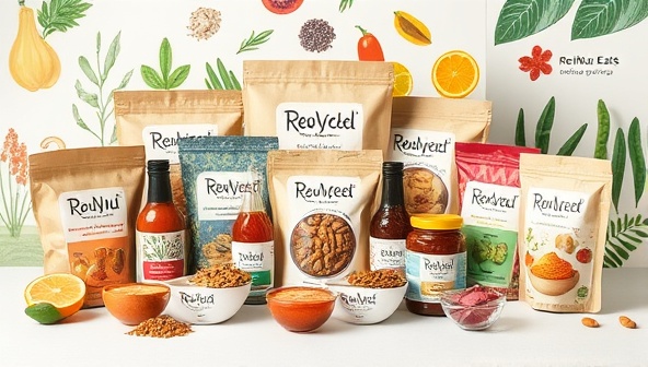A collection of upcycled food products, including snacks, sauces, and spreads, displayed in eco-friendly and stylish packaging made from recycled materials, surrounded by images of rescued ingredients and sustainable production processes, conveying the essence of ReNu Eats' commitment to sustainability and mindful consumption.