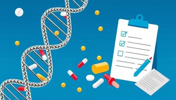 An illustration of a DNA helix intertwined with medication capsules and a prescription pad, representing the integration of genetics and pharmacology in personalized medication management, symbolizing the precision and innovation of GeneRx Insights' pharmacogenomic testing services.