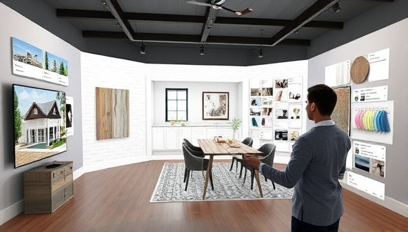 An interactive virtual design studio displaying 3D renderings of home renovation concepts, mood boards, and material samples, with a virtual designer assisting a homeowner in visualizing their renovation project, creating an immersive and collaborative design experience powered by Renovate360+.