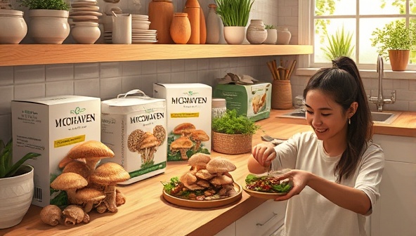 An artistic representation of a cozy kitchen counter filled with MycoHaven Kits, mushroom spores, and growing mushrooms in different stages, with a person happily harvesting fresh mushrooms for a gourmet dish, evoking a sense of culinary creativity and sustainability.
