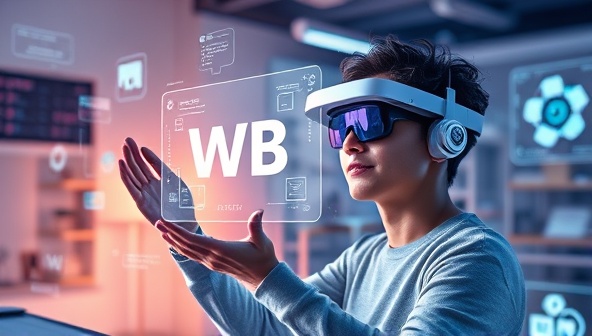 An immersive visualization of a designer using AR glasses to interact with a holographic web design prototype floating in mid-air, surrounded by digital design tools and interactive elements, illustrating the futuristic and hands-on design experience facilitated by ARWeb Prototype.