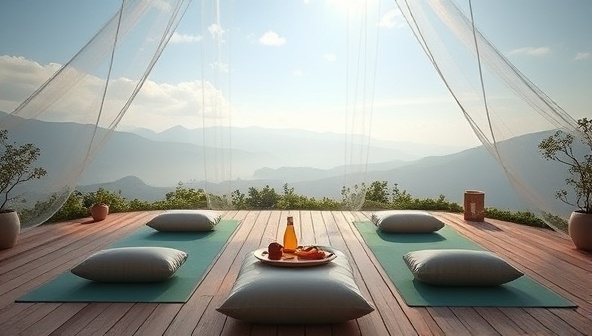 An ethereal virtual retreat setting with serene nature backgrounds, yoga mats, meditation cushions, healthy snacks, and soothing music, creating a tranquil and immersive atmosphere for a virtual wellness escape.