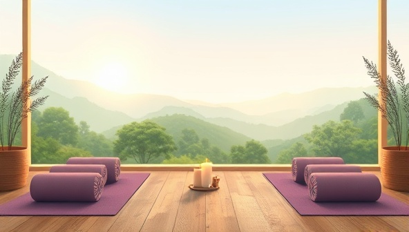 A serene digital illustration of a virtual wellness retreat setting, featuring a tranquil nature backdrop with yoga mats, candles, and meditation cushions, creating a peaceful and rejuvenating ambiance for ZenVibe Retreats subscribers.