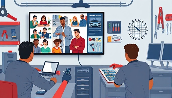 An engaging digital illustration of a virtual car care workshop session hosted by GearGrease Garage, featuring a diverse group of participants interacting with mechanics on-screen, tools and car parts displayed prominently, and a shared virtual workspace for hands-on learning, conveying education and empowerment in car maintenance.