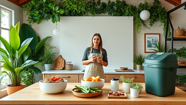 A virtual workshop setting with a backdrop of lush greenery and eco-friendly decor, featuring a presenter discussing sustainable cooking practices and showcasing reusable kitchen tools, organic ingredients, and a compost bin, creating a harmonious and earth-conscious learning environment.
