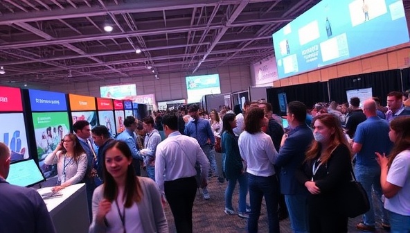 An immersive virtual event setting with avatars mingling at booths, attending virtual keynotes, and engaging in interactive activities, illustrating the dynamic and engaging nature of events hosted on the platform.