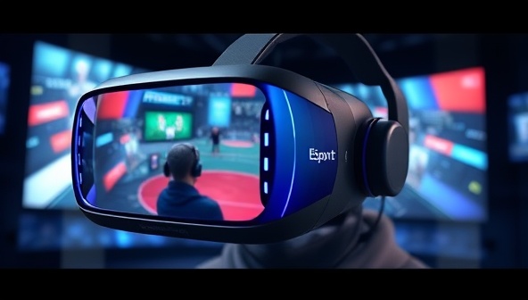 An immersive VR headset displaying a dynamic eSports training simulation environment with detailed game graphics, virtual coaches, and competitive challenges, illustrating the futuristic training experience.