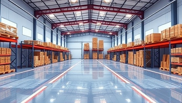 An immersive VR experience from VRWare Explore, showing a digital representation of a warehouse interior with interactive features allowing users to explore different storage areas, analyze layout options, and visualize potential storage solutions, highlighting the futuristic and engaging aspect of VR warehouse tours.