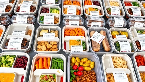 An array of colorful, neatly packed customized meal containers with personalized labels, showcasing a variety of healthy and appetizing dishes, ready for delivery to health-conscious customers, highlighting convenience and nutrition.