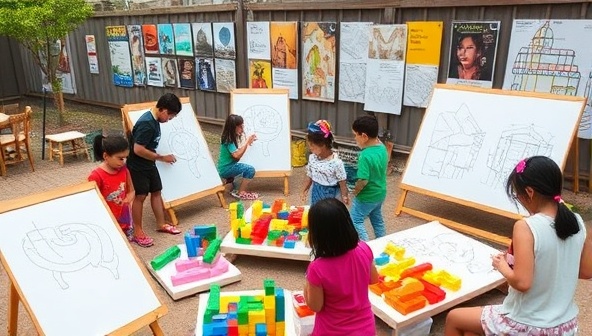 A vibrant outdoor workshop setting with participants of all ages sketching designs on large boards, surrounded by colorful building blocks, architectural models, and inspirational posters, fostering a creative and collaborative learning environment.