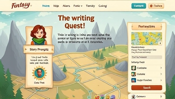 An online platform interface showcasing a fantasy-themed writing quest with character avatars, story prompts, interactive maps, and community forums, inviting users to embark on a literary adventure and collaborate in a visually engaging and immersive storytelling environment.