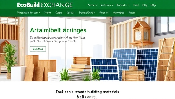 A visually captivating website banner featuring a variety of sustainable building materials, from bamboo flooring to solar panels, displayed in a modern construction site setting, illustrating the diversity and eco-friendly nature of the products available on the EcoBuild Exchange marketplace.