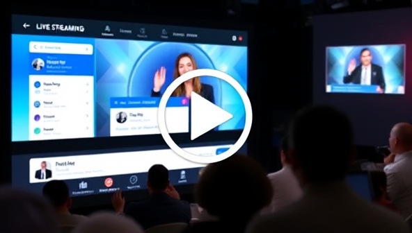 An engaging live streaming interface displaying a virtual event with interactive features such as polls and chat, showcasing the platform's immersive and dynamic capabilities, overlaid with a play button symbolizing real-time engagement and connection.