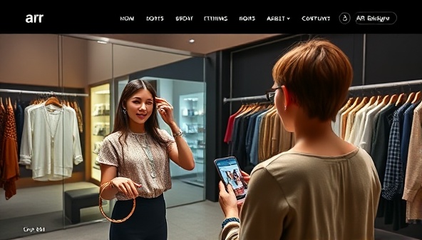 An AR-enabled website showcasing a virtual fitting room experience for trying on clothing items, with a customer interacting with virtual garments and accessories overlaid on their image, highlighting the immersive and interactive shopping experience offered by AR Web Showcase.