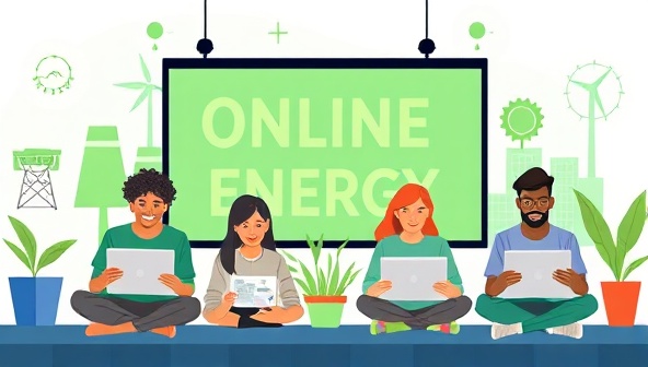 An online learning environment illustration featuring diverse students engaging with renewable energy course materials on laptops and tablets, surrounded by green energy icons and sustainability symbols, promoting education and innovation in the renewable energy sector.