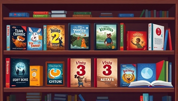 A dynamic illustration of a digital bookshelf displaying interactive e-books with animated covers and multimedia elements, enticing viewers with a glimpse of immersive storytelling experiences.