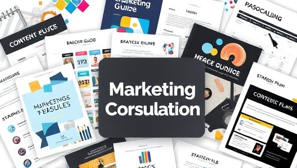 A dynamic collage of marketing materials such as branding guides, social media content calendars, and strategic plans, symbolizing the comprehensive and tailored approach of the personalized marketing consultation service.