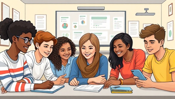 An engaging digital illustration of diverse teenagers attending a virtual financial empowerment workshop, interacting with financial concepts and tools in a fun and educational setting, embodying the mission of FutureFinance Academy to empower young minds with financial knowledge.