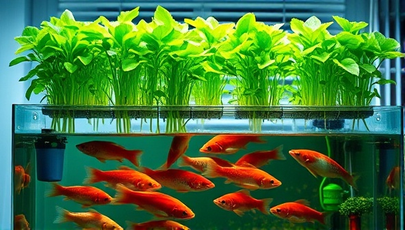 An engaging visual showcasing a harmonious aquaponics setup with vibrant green plants floating above a tank of thriving fish, illustrating the interconnected ecosystem of aquaponic farming.