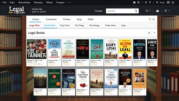 An artistic depiction of a digital library interface showcasing various legal e-book covers on LegalWise Books platform, with titles, authors, and ratings displayed, creating an immersive and informative experience for readers seeking legal knowledge and resources.