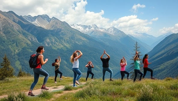 A scenic landscape image featuring a group of diverse individuals engaged in outdoor fitness activities like hiking and yoga, surrounded by lush greenery and majestic mountains, conveying a sense of adventure and camaraderie.