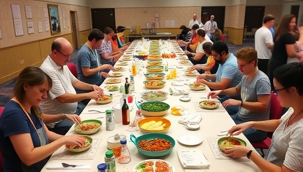 A workshop setup with a long table filled with colorful ingredients, cooking utensils, and recipe cards, surrounded by participants engaged in creating their own culinary masterpieces, evoking a sense of creativity and collaboration in a vibrant setting.