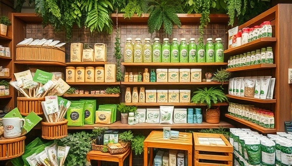 A vibrant and eco-conscious marketplace display featuring a variety of sustainable products, including bamboo toothbrushes, organic cotton clothing, reusable kitchenware, and plant-based skincare items, creating a green and welcoming atmosphere at GreenLife Market, where every purchase is a step towards a greener future.