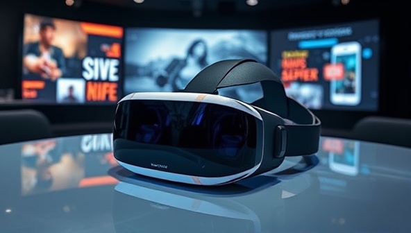 A futuristic VR headset displayed on a sleek table with digital projections of immersive marketing campaigns in the background, showcasing the blend of technology and creativity in ImmerseX Studio's virtual reality experiences.