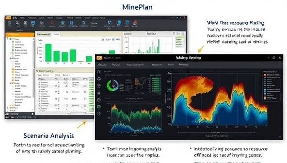 A visual representation of the MinePlan Pro software interface, displaying interactive resource planning tools, real-time data visualization, and scenario analysis capabilities, highlighting the efficiency and effectiveness of the software in optimizing mining operations.