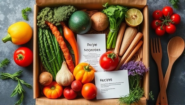 An artistic flat lay of colorful, fresh ingredients neatly arranged in a box, surrounded by elegant kitchen utensils and a recipe card, exuding a sense of culinary creativity and convenience.