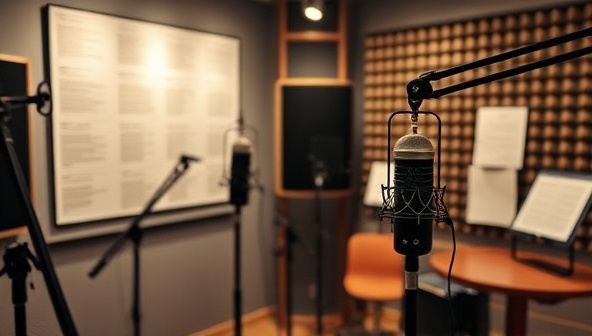 A captivating visual of a podcast recording studio with microphones, soundproofing panels, and script notes, capturing the essence of creative collaboration and storytelling in the production of literary podcasts, creating a visually appealing and immersive experience for listeners.