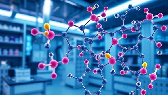 A visually striking representation of AI algorithms analyzing molecular structures, identifying potential drug candidates, and predicting interactions, set against a backdrop of a futuristic laboratory environment, symbolizing innovation and scientific advancement.