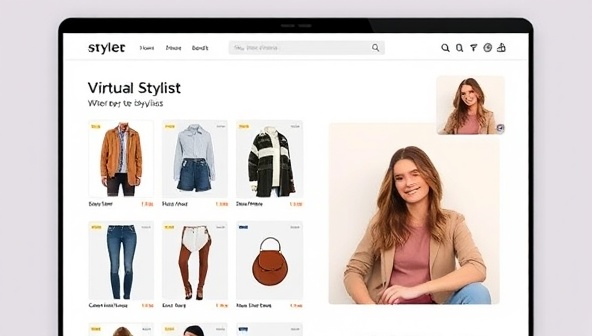 A sleek and modern website interface displaying various outfit suggestions and fashion accessories, with a virtual stylist interacting with a user through a video call, creating a personalized and engaging virtual styling experience.