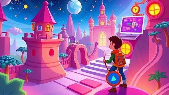 An animated illustration of a character avatar embarking on a web design quest, navigating through coding challenges and design puzzles in a vibrant virtual world, highlighting the gamified learning experience of WebGenius Quest.
