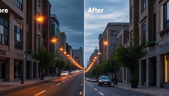 An urban street scene showing the before-and-after effect of LED streetlight retrofitting, with one side dimly lit with traditional lights and the other brightly illuminated with energy-efficient LEDs, highlighting the transformation and benefits of the retrofitting service.