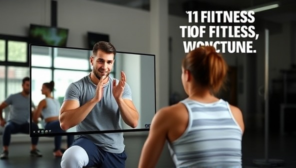 A dynamic image of a virtual fitness coaching session, featuring a coach demonstrating exercises and guiding a client through a workout routine via video call, with motivational fitness quotes in the background to inspire action and commitment.
